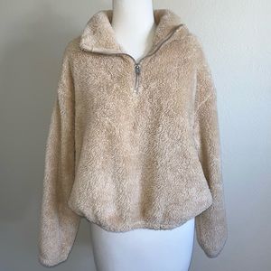 Neutral Tan Fuzzy Teddy Bear Quarter Zip Jacket